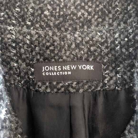 JONES NEW YORK Long Plaid Coat Double Breasted Big Collar Gray Black Outerwear - Picture 14 of 16